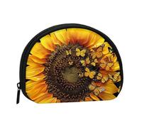 Sunflower Floral Butterflies Art Printed Coin Purse Wallet, Shell Shape Mini Change Pouch Holder for Men Women