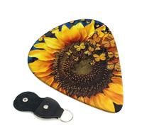Sunflower Floral Butterflies Art Printed Guitar Picks, 6 Pack with Leather Keychain Pick Holder - 0.46mm, 0.71mm, 0.96mm Assorted Thickness for Acoustic Ukulele, Electric Guitar