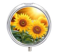 Sunflower Flower Pill Box with 3 Compartments Medicine Pill Case Portable Round Pill Holder Vitamin Holder Decorative Metal Medicine Organizer