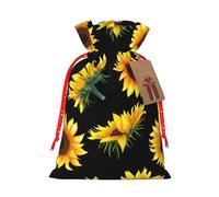 (Sunflower Flowers Plants Black and Yellow) Print Christmas New Year Candy Gift Bag, Red Xmas Ribbon Drawstring Bags for Kids Xmas Holiday Eve Presents M Size