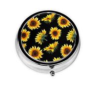 Sunflower Flowers Plants Black and Yellow Print Pill Box for Pocket Round Pill Box 3 Compartment Decorative Portable Travel Pill Holder Tablet Vitamin Organizer Mini Pill Case(2pcs)