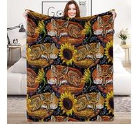 Sunflower Fox Throw Blanket Gifts for Girls, Embroidery Fox and Sunflower Floral Soft Cozy Plush Flannel Blanket for Kids Bedroom, 100 x 130 cm Sunflower Fox Fleece Blanket for Women Couch Sofa