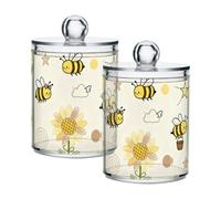 Sunflower Garden Busy Bees Clear Plastic Storage Container Jars with lid Bathroom Essentials Decorative Dental floss storage jar for Cotton Swabs,Cotton Pads,Floss Picks,Paper Clips,Hair Clips 2 Pack