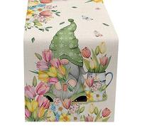Sunflower Gnome Cotton Linen Table Runner Tablecloth Desktop Decorative Gnome Table Runner