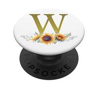 Sunflower, Gold Letter W Initial Monogram, Floral, White PopSockets Grip and Stand for Phones and Tablets