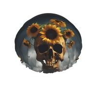 Sunflower Halloween Skull Reusable Shower Cap for Women, Double Waterproof Layers Bath Hat, Hair Treatment Essentials