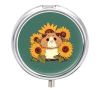 Sunflower Hamster Pill Box 3 Compartment Travel Pill Organizer 3 Times A Day Cute Mini Pill Case for Purse & Pocket Portable Metal Medicine Box with Mirror Round Daily Medicine Vitamin Container