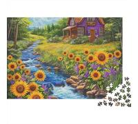 Sunflower Hard 1000 Piece Puzzle for Adults Stream Cottage with Sunflower Borders Premium Thick Sturdy Vibrant Challenging Stress Relief 52x38cm/1000pcs