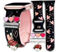 Sunflower Heart Pink Band With Charms Compatible Apple Watch Engraved Women 41mm 40mm 38mm 44mm 45mm 46mm 42mm 49mm,Valentine Floral Dressy Bling Silicone Strap for iphone Watch Series 11 10 9 8 7 6 5
