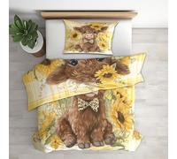 Sunflower Highland Cattle Duvet Cover Super King Size 3 Piece with 2 Pillowcases, Farmhouse Cow Patterned Bedroom Decor Bedding, Soft Microfibre Quilt Cover with Zip Y&778