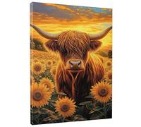 Sunflower Highland Cow Canvas Art, Yellow Brown Farm Animal Wall Decor, Seasonal Rustic Home Aesthetic for Living Room, Bedroom, Office, Unframed 16x20 Inch