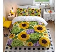Sunflower Hydrangea Lilac Printed Bedding Set King Size, Floral Duvet Cover Double, Countryside Bedding Set Single, Botanical Bedding Cotton with 2 Pillowcases (1,Single + 80 x 80cm x2)