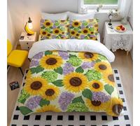 Sunflower Hydrangea Lilac Printed Bedding Set King Size, Floral Duvet Cover Double, Countryside Bedding Set Single, Botanical Bedding Cotton with 2 Pillowcases (2,King + 80 x 80cm x2)