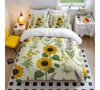 Sunflower Hydrangea Lilac Printed Bedding Set King Size, Floral Duvet Cover Double, Countryside Bedding Set Single, Botanical Bedding Cotton with 2 Pillowcases (5,Double + 50 x 75cm x2)