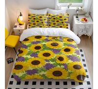 Sunflower Hydrangea Lilac Printed Bedding Set King Size, Floral Duvet Cover Double, Countryside Bedding Set Single, Botanical Bedding Cotton with 2 Pillowcases (4,Double + 50 x 75cm x2)