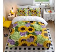 Sunflower Hydrangea Lilac Printed Bedding Set King Size, Floral Duvet Cover Double, Countryside Bedding Set Single, Botanical Bedding Cotton with 2 Pillowcases (3,Single + 50 x 75cm x2)