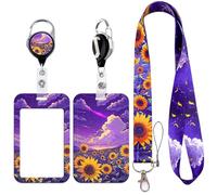 Sunflower ID Lanyard with Purple Sky Badge Card Holder Neck Strap for Teacher ID Cards Staff Work Badges, Retractable Reel Clip (3 in 1)