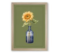 Sunflower in Blue Glass Botanical Framed Wall Art Print A4 (29.7×21cm) Oak, Wall Decor for Living Room, Bedroom, Office & Home, Ready to Hang, Art Gift