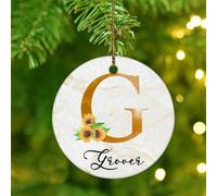 Sunflower Initial Letter G Monogram Christmas Ornaments English Alphabet Monogrammed Round Christmas Tree Ornament Ceramic Custom Floral Family Name Christmas Keepsake for Xmas Party Decorations