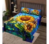 Sunflower Kids Bedspread Double Size,Floral Leaf Nature Rustic Botanical Coverlet Set,Girls Boys Room Decor,Geometric Stained Glass Patchwork Quilted Coverlet,Yellow Blue Bedding Quilt,2 Pillowcases