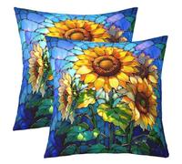 Sunflower Kids Throw Pillow Cover,Floral Leaf Nature Rustic Botanical Double Sides Pillow Case,Geometric Stained Glass Patchwork Home Decor,Yellow Blue Bed Couch Sofa Cushion Cover,2 Pack 18"x18"