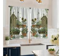 Sunflower Kitchen Curtains, Farmhouse Rustic Bird Garden Shed Spring Green Curtains for Small Windows for Laundry Room Sink Area Hallway Apartment Window Decor 26x45 Inch