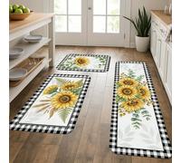 Sunflower Kitchen Mats for Floor, Black White Checkered Vintage Style Mats, Summer Cushioned Comfort Washable Decor Rugs for Kitchen Sinks Laundryroom Bathroom 3pcs