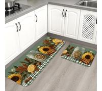 Sunflower Kitchen Mats for Floor, Rustic Autumn Leaves Decorative Cushioned Comfort Washable Non Slip Rugs for Kitchen Sinks Laundryroom Bathroom 2PCS