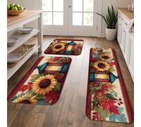 Sunflower Kitchen Mats for Floor, Rustic Lantern Floral Soft Rugs, Cushioned Comfort Washable Non Slip Decor Mats for Kitchen Sinks Laundryroom Bathroom 3Pcs