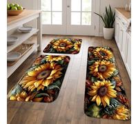 Sunflower Kitchen Mats for Floor, Vibrant Floral Rustic Soft Mats, Cushioned Comfort Washable Non Slip Decor Rugs for Kitchen Sinks Laundryroom Bathroom 3Pcs