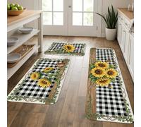 Sunflower Kitchen Mats for Floor, Vintage Checkered Soft Rugs, Spring Cushioned Comfort Washable Decor Mats for Kitchen Sinks Laundryroom Bathroom 3pcs