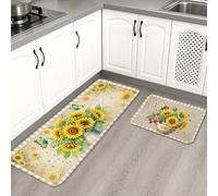 Sunflower Kitchen Mats for Floor, Vintage Floral Decorative Mats, Summer Cushioned Comfort Washable Non Slip Rugs for Kitchen Sinks Laundryroom Bathroom 2pcs