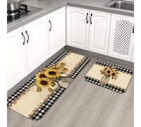 Sunflower Kitchen Mats for Floor, Vintage Floral Soft Mats, Cushioned Comfort Washable Non Slip Decor Rugs for Kitchen Sinks Laundry Room Bathroom 2PCS