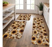 Sunflower Kitchen Mats for Floor, Vintage Floral Soft Mats, Cushioned Comfort Washable Non Slip Decor Rugs for Kitchen Sinks Laundryroom Bathroom 3Pcs