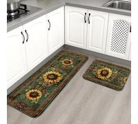 Sunflower Kitchen Mats for Floor, Vintage Floral Soft Mats, Cushioned Non Slip Washable Rugs for Kitchen Sinks Laundryroom 2PCS