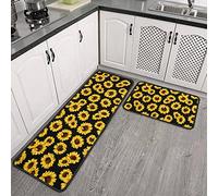 Sunflower Kitchen Rugs and Mats Set of 2, Black Sunflowers Non-Slip Backing Kitchen Rug, Kitchen Sets Low-Profile Washable Floor Mat for Home Kitchen Decor - 17x29 and 17x47 Inch