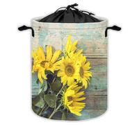 Sunflower Laundry Hampers With Drawstring Yellow Floral Laundry Baskets For Bathroom Rustic Old Wooden Portable Clothes Storage Organizer Basket Western Country Farmhouse W 35 L 44 Cm