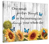 Sunflower Motivational Wall Art Yellow Floral and Blue Butterfly Inspirational Quotes Canvas Abstract Painting Art for Home Decor, Bathroom, Living Room, Bedroom, 16x12 Inch