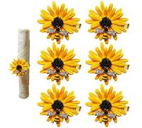 Sunflower Napkin Rings with Bees 6Pcs 1.5 Inch Realistic Floral Napkin Rings Plated Alloy Table Decor ideal for Dining, Banquet, Wedding