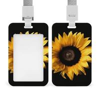Sunflower on Black Background Id Badge Holder,Name Tag Holder with Detachable Lanyard,Waterproof Design Id Card Holder for Office, Workplace