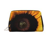 Sunflower on Black Background Makeup Bag for Women Cosmetic Bags Leather Travel Makeup Case Organizer Waterproof Make up Pouch Open Flat Toiletry Bag Portable Storage Pouch for Travelling, Gold, One