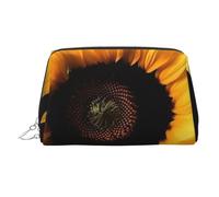 Sunflower on Black Background Makeup Bag for Women Cosmetic Bags Leather Travel Makeup Case Organizer Waterproof Make up Pouch Open Flat Toiletry Bag Portable Storage Pouch for Travelling, Silver, One