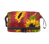 Sunflower on Red Stripes Double Layer Cosmetic Bag for Women and Girls, Travel Toiletry Bag Makeup Handy Pouch Organiser Bag with Brush Compartment