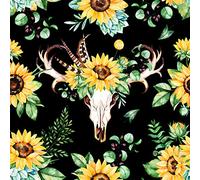Sunflower Outdoor Fabric by The Yard,Floral Cow Skull Boho Bull Skull Upholstery Fabric for Chairs,Bohemian Sunflowers Animal Fabric for Home DIY Projects,1 Yard,(L92*W150cm) Yellow Green