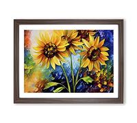 Sunflower Painting Abstract Framed Wall Art Print A2 Walnut