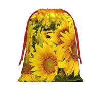 Sunflower Pattern1 Print Christmas Drawstring Gift Bags, Xmas Holiday Fabric Gift Wrapping Bag For Party, Size-L