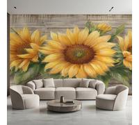 Sunflower Photo Wallpaper, Rustic Flower Wood Grain Wallpaper Mural, 250x175cm Wall Paper for Bedroom Living Room, Non-Woven Wall Mural Room Decor EL&D65