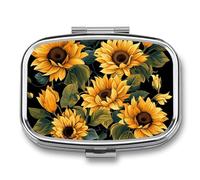Sunflower Pill Box 2 Compartments Portable Travel Pill Case with Mirror Square Metal Medicine Storage Container Medicine Box Medicine Box Container Container Container