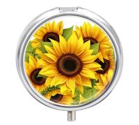 Sunflower Pill Box 3 Compartment Small Pill Case for Purse Or Pocket Mini Metal Pillcase Medicine Organizer, Round Daily Medicine Container to Hold Vitamins, Fish Oil