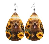 Sunflower Poodle double-sided printed leather earrings int and shape of water drops, creative, light and novel, bright and vivid colors.